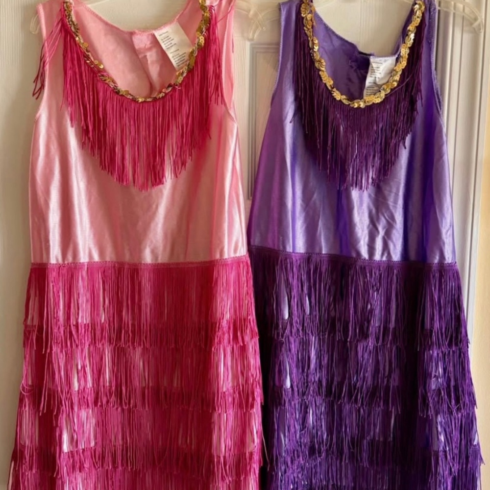 Pink and purple dress-up flapper dresses, kids size medium 7/8